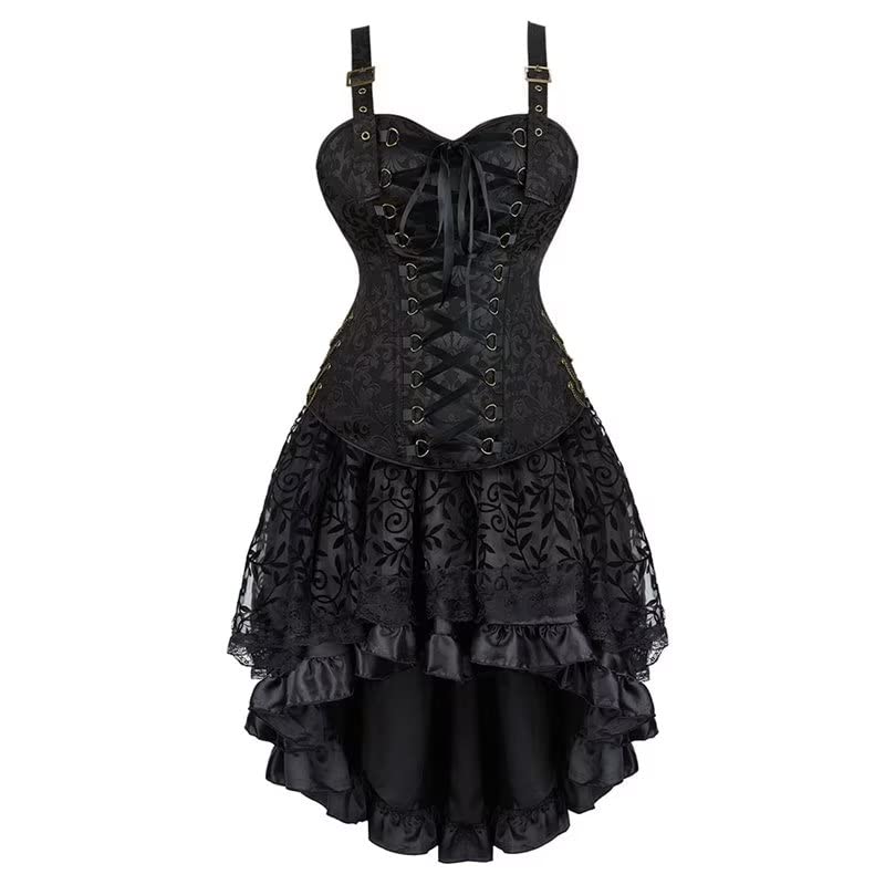 Korsett Kleid Damen Halloween Rock Set Steampunk Corsage mit Strapsen Spitze Corset Dress Bustier Corsagenkleid Kostüm Piraten Schwarz L