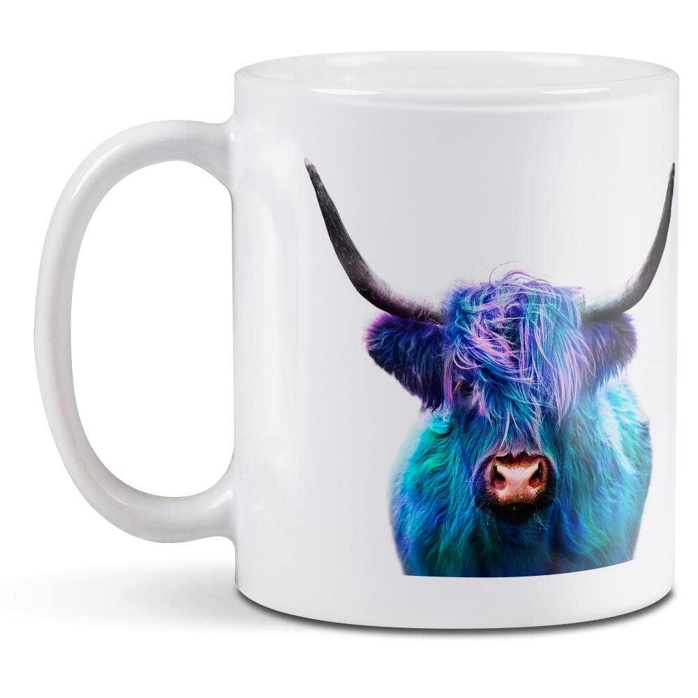 1 x 11oz (284ml) White Ceramic Mug Cup - Blue Pop Art Highland Cow Animal Design for Coffee Tea Drinks Kitchen Birthday Office Fun #21683