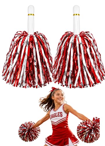 HOVUK Cheerleading Pom Poms 2 Pack Red Silver 35cm Cheer Pom Poms with Handle for Kids Adults Dance Cheerleader Accessories Sports Events Party Decorations Performance Props
