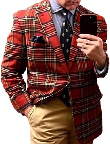 Men's Scotland Plaid Tweed Blazer for Casual Daily Christmas Formal Suit Jacket