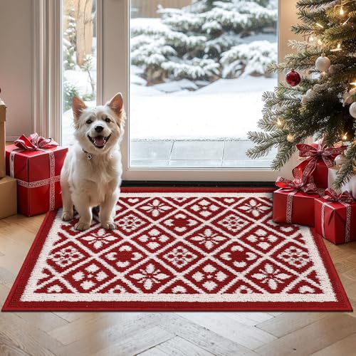 Ileading Christmas Entrance Door Mat, Absorbent Dog Mats for Muddy Paws, Low-Profile Small Red Xmas Decor Kitchen Runner Rug with Non-Slip Backing, Machine Washable Entryway Welcome Mat(Red 24"X36") image 2