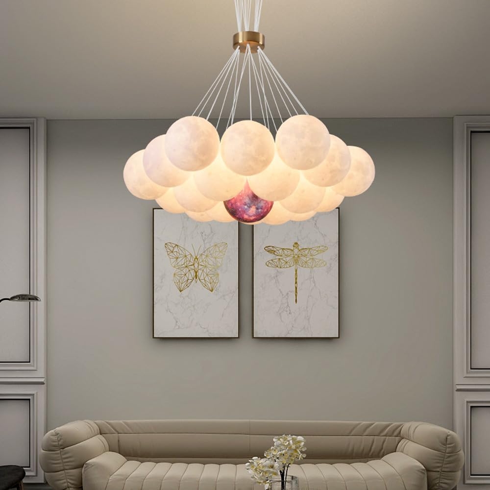 Luna Pianeta Terra Lampadario Decorazione della casa Lampada a sospensione a sfera di latte bianco Luce rosa a grappolo Lampadario a soffitto a bolle Sala da pranzo Lampada a sospensione a LED