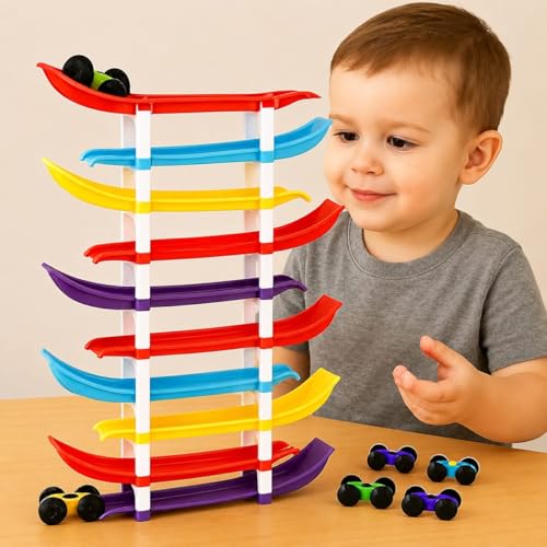 Image of 10-Level Car Ramp Racer Toy with 6 Cars - Rolling Track Toy for Kids Ages 2-7 | Birthday Gift for Boys & Girls | Educational & Fun Car Toy Set | Colorful Racing Action (10-Ramps & 6-Cars)