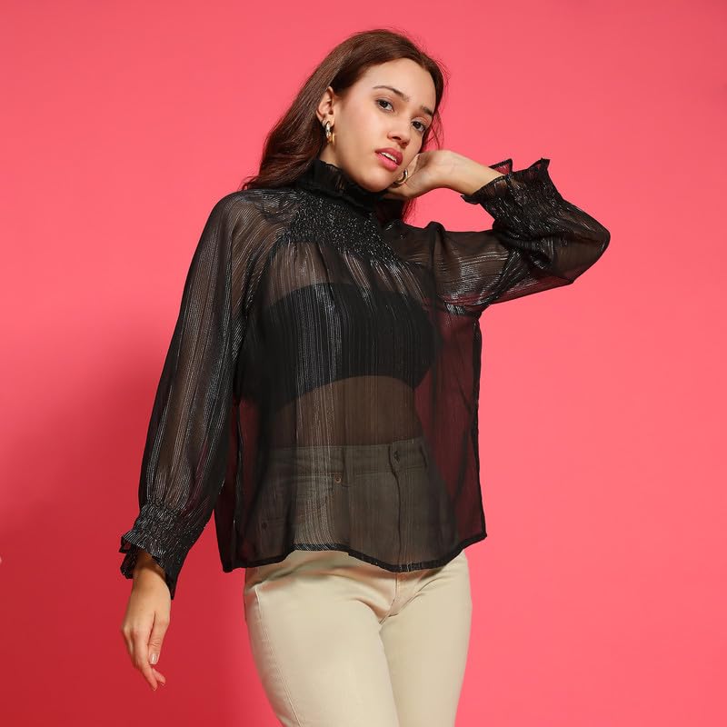 Image of oxolloxo Women Round High Neck Long Sleeve Semi Sheer Top