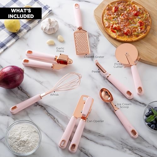 Image of COOK With COLOR 7 Pc Kitchen Gadget Set Copper Coated Stainless Steel Utensils with Soft Touch Pink Handles