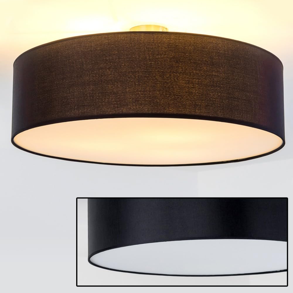 Ceiling lamp Foggia, Round Ceiling lamp with Fabric lampshade in Black/White, Ø 60 cm, 3 x E27 Socket, Retro Design, Without Bulbs