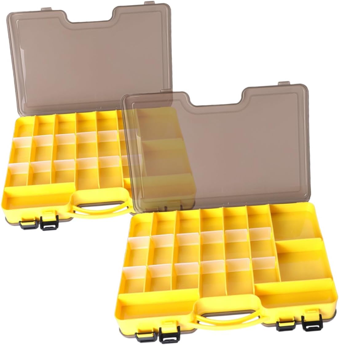 2pcs Double-sided Fishing Tackle Box Organizer with Compartments, Yellow Hard Plastic Lure Storage Case 29cm for Outdoor Fishing Gear and Bait Storage