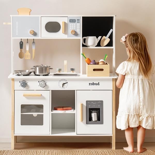 ROBUD Cocina de juguete para niños  Cocina de juguete de madera con caja de plantación, juego de cocina Montessori con máquina de hielo y horno de