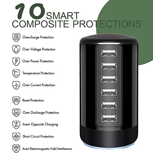 6 Ports Desktop Charging Station,USB Hub Fsat Wall Charger,Compatible with Cell Phones, Smart Phones, Tablets, and Other Electronics (All Black)