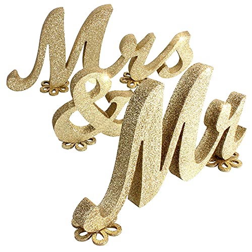 Lettre en Bois Mr & Mrs, Décorative Mariage, Signe à Paillettes Dorées Mr&Mrs pour Table de Mariage, Décoration d'intérieur Accessoire Photo Cadeau