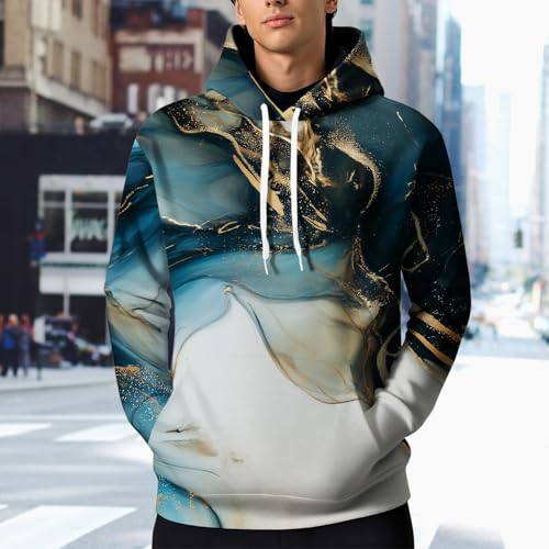 LOAIHA Men's Marble Print Hooded Sweatshirt Lightweight Terry Cloth Pullover Streetwear Modern Artistic Long Sleeve Top4