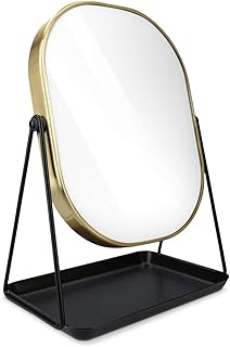 Navaris Specchio per Trucco con Portagioielli - Specchietto Cosmetico Ovale Make-Up 18x22,6cm - Girevole 360° con Vassoio Portagioie - Design Oro