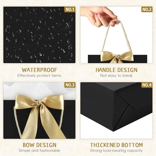 Image of JMANNI Gift Bag, 1PCS Gift Bags with Ribbon and 1 Greeting Cards 2 Tissue Paper, Portable Paper Gift Bag with Handles, Birthday Gift Bags,Present Bags for Wedding Party Mothers Day(PureBlack)