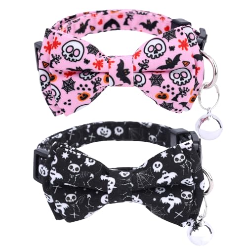 2pcs Halloween Cat Collar with Bowtie & Bell, Adjustable Breakaway