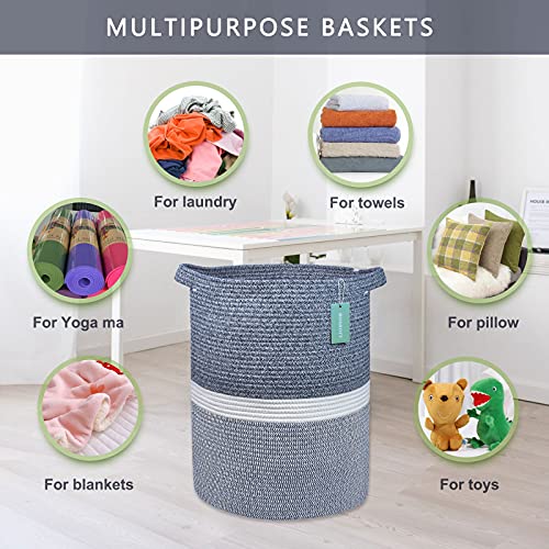 Image of Cotton Rope Blanket Basket, 72L Laundry Hamper, Navy Blue &White | 16 inchx 22 inch, Large Collapsible Woven Nursery Hamper with Sturdy Handles for Clothes Toys Towels, Bedroom Living Room Bathroom