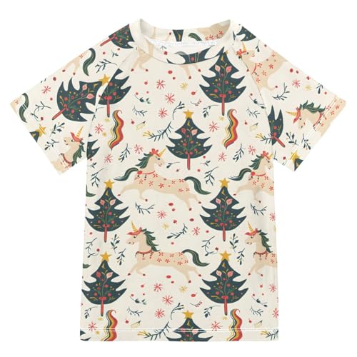 ALAZA Boys Swim Shirts Toddler Rash Guard Short Sleeve Rashguard Christmas Tree Horse UPF 50+ 11-12T