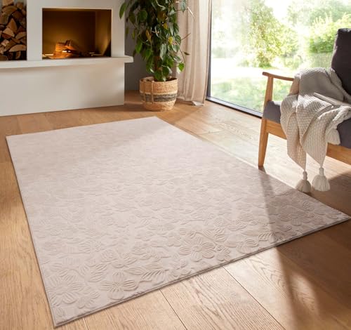 Taracarpet Kurzflor Boho Vintage Teppich waschbar, pflegeleicht geeignet für Wohnzimmer, Schlafzimmer und Kinderzimmer Kinderteppich auch als Badematte Badzimmerteppich Beige Floral 060x120 cm