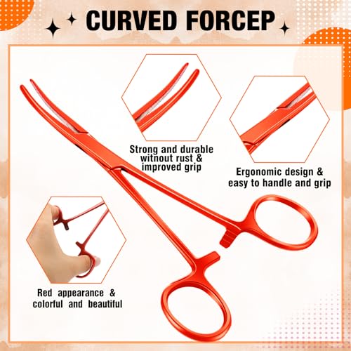Image of BBTO Hemostat Curved and Straight Hemostat Forceps Piercing Pliers Forceps, Stainless Steel Straight and Curved Pliers, Fishing Tweezer (Orange,2 Pcs)