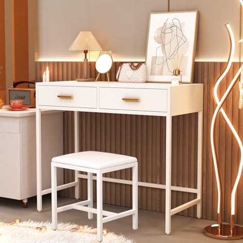 Saimeihome Tocador Moderno con Taburete, Color Blanco, Mesa cosmética con 2 cajones, tocador sin Espejo, tocador para Dormitorio, (MDF + Metal) 90 x 40 x 78 cm
