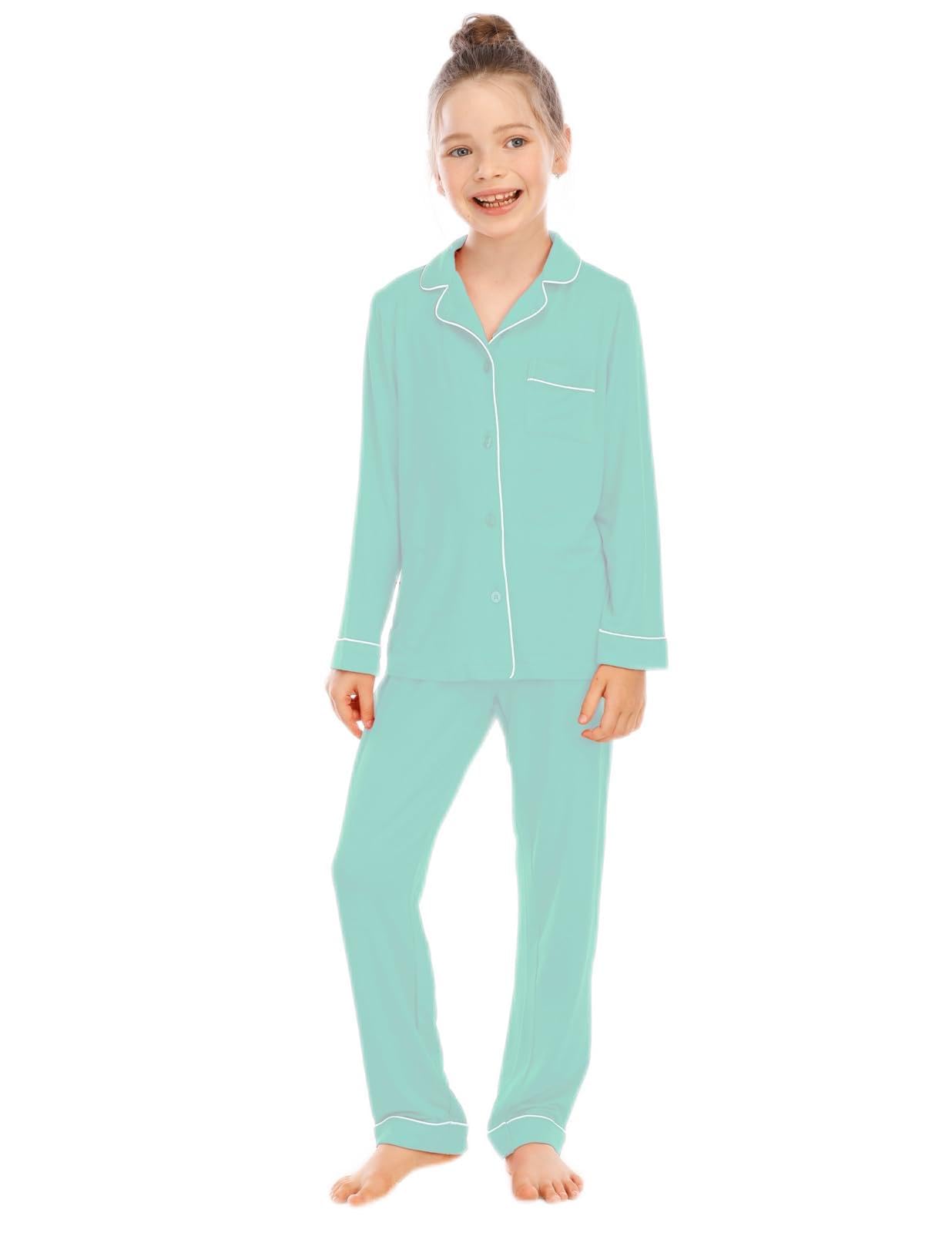 VeseackyUnisex Girls Boys Pajamas Long Sleeve Sleepwear Button-Down 2 Pcs Pjs Set for 5-14 Years