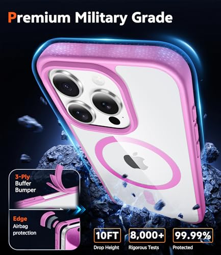 Image of FNTCASE for iPhone 15 Pro-Max Case: Clear Magnetic Phone Cases with Screen Protector Compatible with Magsafe Slim Anti Yellowing Rugged Shockproof Protective Transparent Cell Phone Cover (B-Pink)