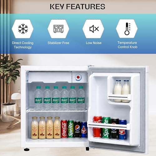 Image of ROCKWELL 47L Mini Fridge with Freezer, 2 Star, 5 Year Warranty, Direct Cool Technology, Adjustable Shelves, Ideal for Bedroom, Small Spaces, Hostels, and Offices, White