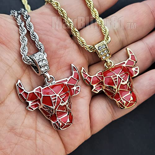 Gold Silver Plated Art Bull Head Pendant Iced Cubic Zirconia & 4mm 24" Rope Chain Necklace Hip Hop Fashion Jewelry Gift2