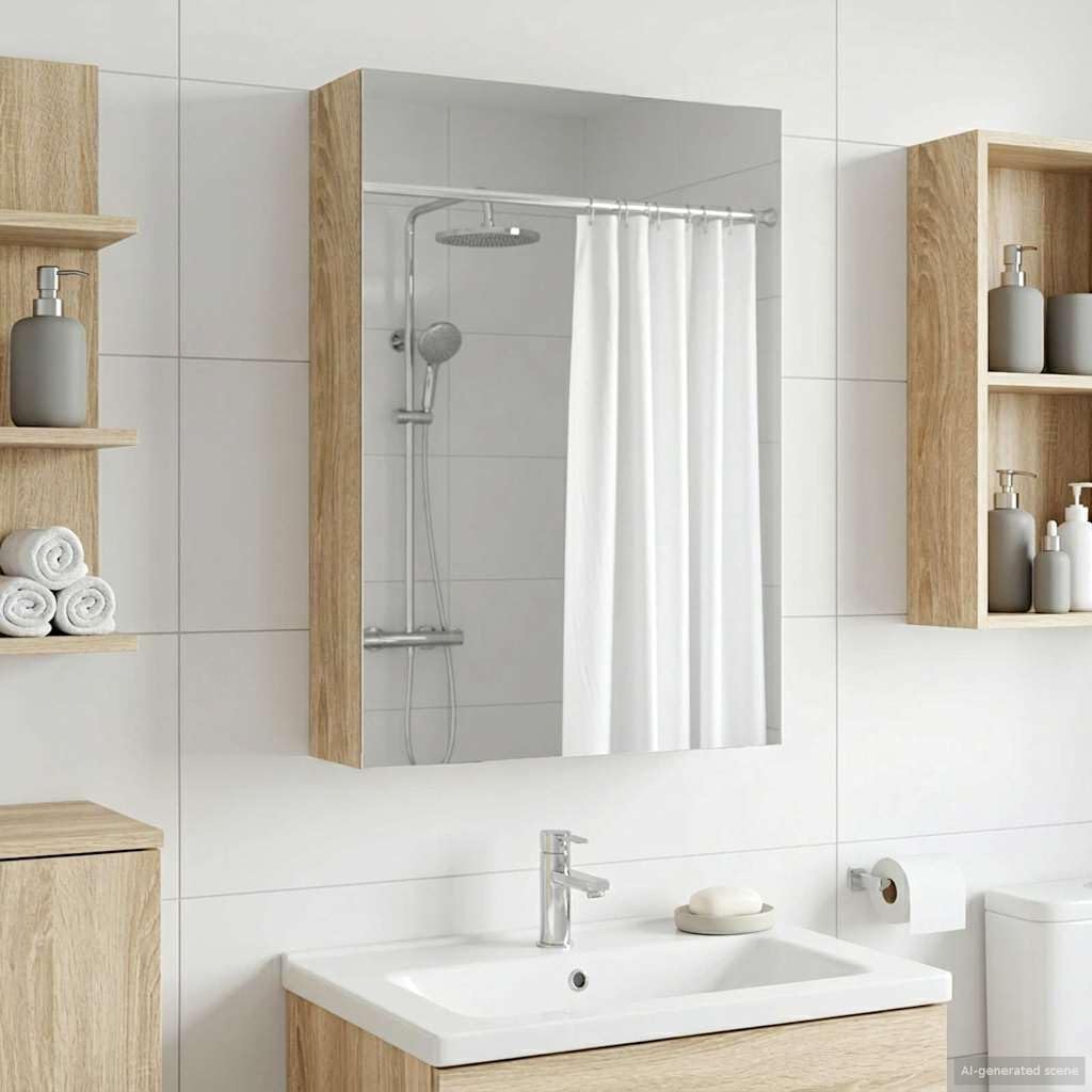 Armadietto da bagno a specchio in rovere Sonoma, 40 x 10,5 x 60,5 cm, da appendere alla parete, con specchio bidirezionale, 2 ripiani, porta, spazio per lavandino, bagno, WC degli ospiti