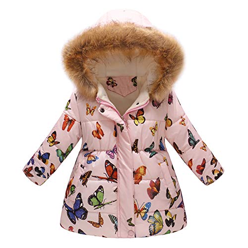 Boys Girls Floral Butterfly Print Winter Coat Cotton Parka Hooded Snowsuit Thicken Warm Fur Collar Hooded Down Windproof Puffer Jacket Lightweight Outerwear Windbreaker Pink Butterfly 01 5-6 Years