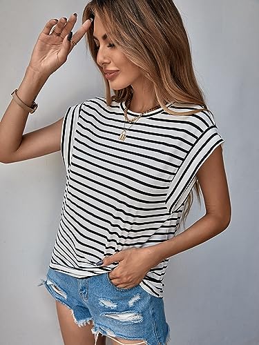 Floerns Women's Casual Stripe Print Cap Sleeve T Shirts Round Neck Tee3