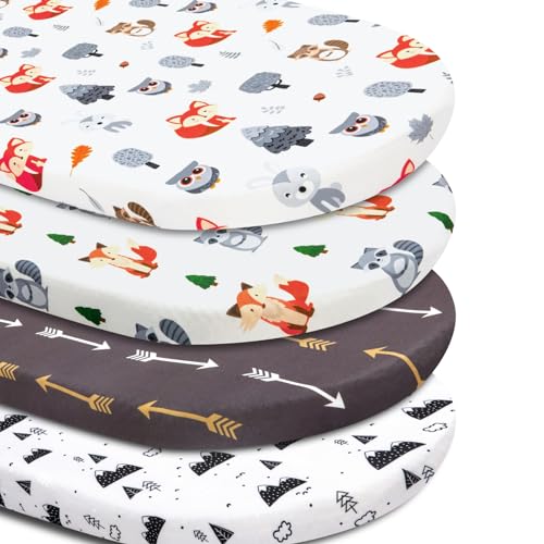 Image of 4 Pack Bassinet Sheets Woodland Forest Animals Wood Neutral Unisex Fitted Baby Bassinet Sheets Set for Standard Bassinets for Baby Boys or Girls