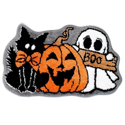Whaline Halloween Bath Rug Ghost Pumpkin Black Cat Tufted Bath Mat Non Slip Bathroom Shower Rugs Front Door Mat Carpet Floor Rug for Home Kitchen Bedroom Porch Entryway
