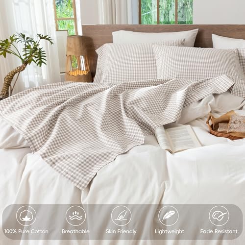 Image of MooMee Gingham Sheet Set 100% Washed Cotton Linen Like Textured Breathable Soft w /Fully Elasticized 16-19 inch Deep Pocket (Mini Gingham Tannish Linen Grey, Queen)