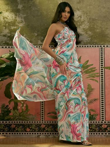 Image of SIRIL Women's Cotton Linen Printed Zari Border Saree with Unstitched Blouse Piece