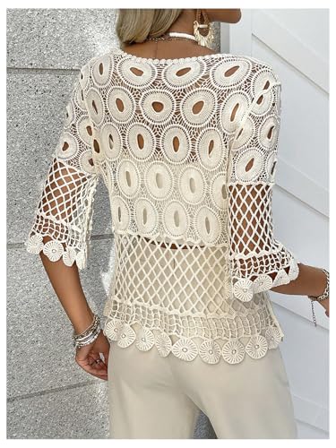 MakeMeChic Women's Crochet Tops Floral Sheer Hollow Out Summer Swimsuit Beach Cover Up Top2