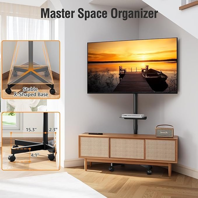 Image of 32 43 48 50 55 Inch Mobile TV Stand for Flat Screen TVs, with Tilt Adjustable Shelf & Locking Wheels, Rolling TV Floor Stand Max VESA 400x400mm, Portable TV Stand Holds Up to 77lbs.