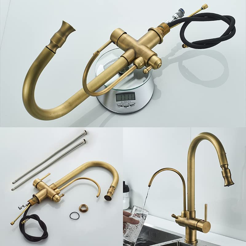 Grifos de cocina negros montados en cubierta, grifo de filtro de agua fría y caliente extraíble para cocina, mezclador de fregadero de tres vías, grifo de cocina, extraíble dorado