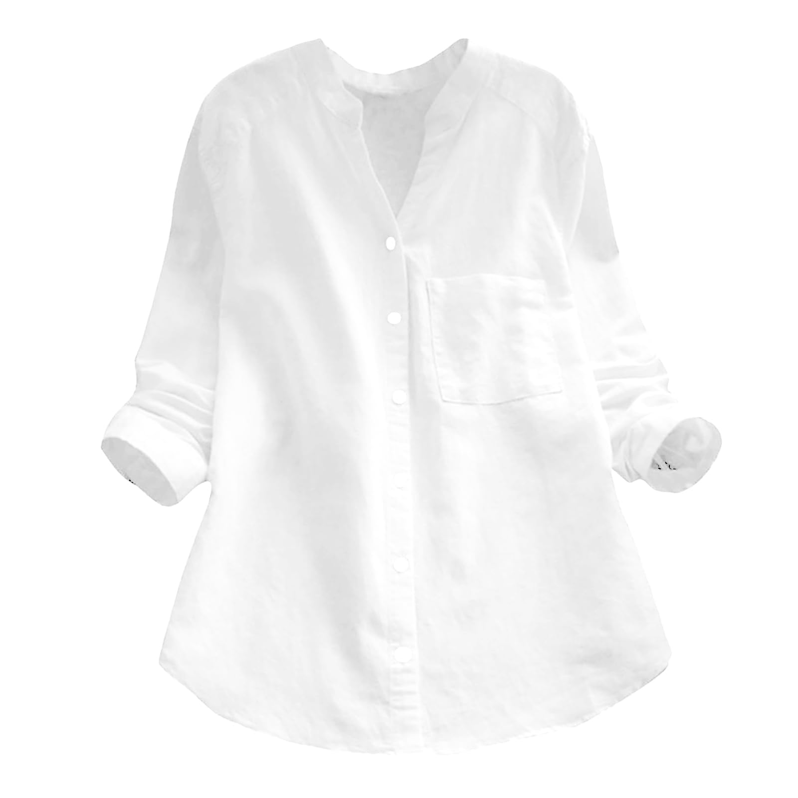 Cotton Linen Blouse Shirts for Womens V Neck Long Sleeve Shirts Solid Color Button Up Tunic Blouse Casual Loose High Low Tops with Pocket,XL White