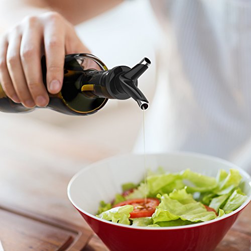 Vremi 17 oz Olive Oil and Vinegar Dispenser Set - Clear Glass Cruet Bottles for Cooking with No Drip Double Pourer Spout Stoppers and Stainless Steel Holder Stand - Kitchen Dispensing Cruets - Black