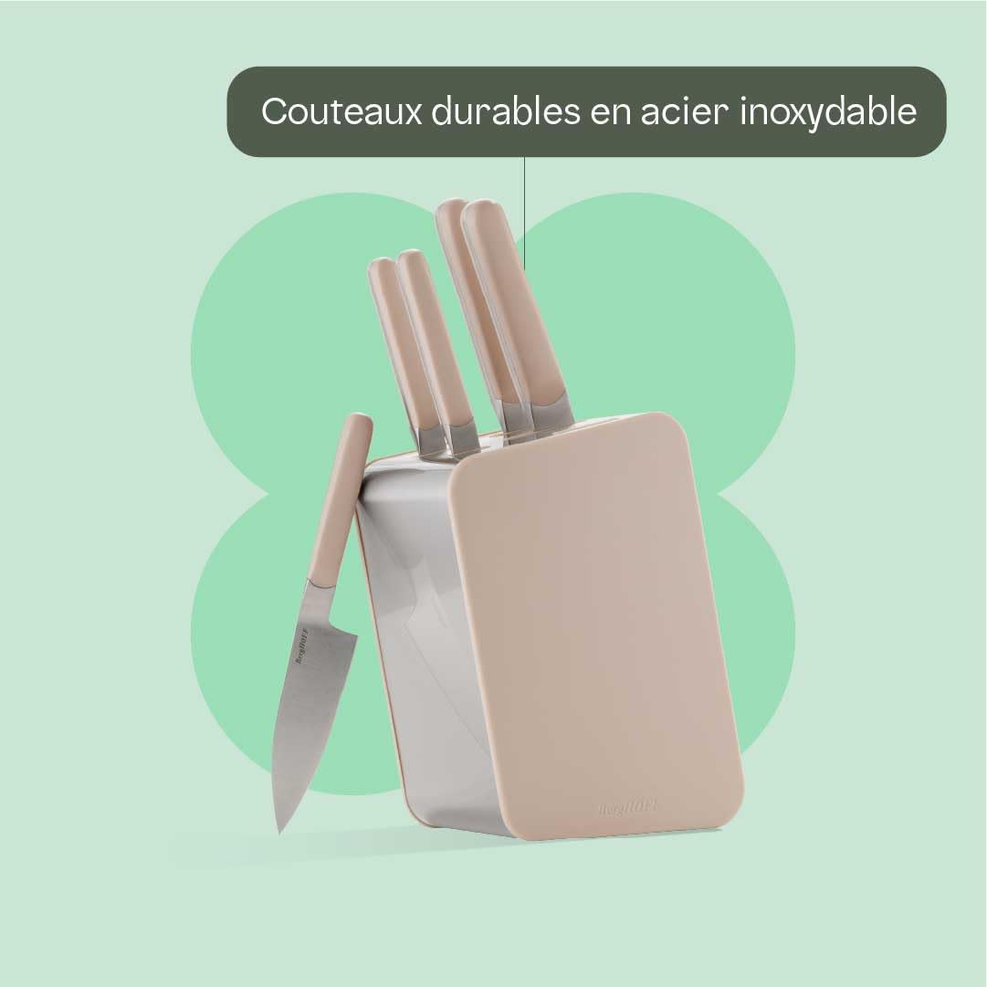 BergHOFF Home Bloc à couteaux avec couteaux - Set Couteau Cuisine avec bloc - Ensembles de Couteaux de Cuisine - Couteau de cuisine tranchants (Sand, 6 pièces)