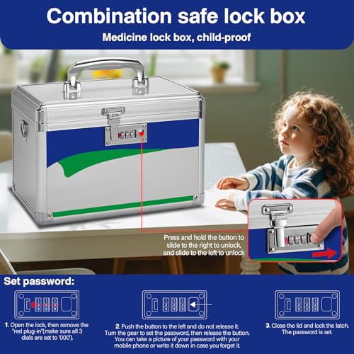 Image of Medicine Lock Box with Combination Lock - 11.2 x 7.6 x 7.6 Inches - First Aid Safe Medication Storage Box, Medications and Personal Items, Safe Boxes for Home and Outdoor - Silver