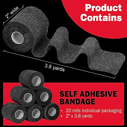 Azen 20 Pack Self Adhesive Bandage Wrap Black, 2" X 3.8 Yards Black Athletic Tape, Vet Wrap, Tattoo Grip Tape Wrap，Ankle Tape, Cohesive Bandage Wrap #TOP1