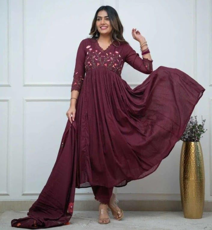 Image of KANCHAN TRADERS Women's Cotton Round Neck 3 /4 Sleeve Chikankari Embroidered Printed Kurta Palazzo with Dupatta Set