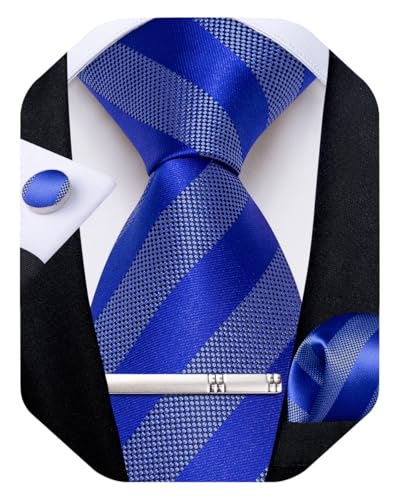 Image of DiBanGu Mens Tie Silk Plaid Striped Necktie and Pocket Square Cufflinks Tie Clip Set with Gift Box Formal Wedding Party