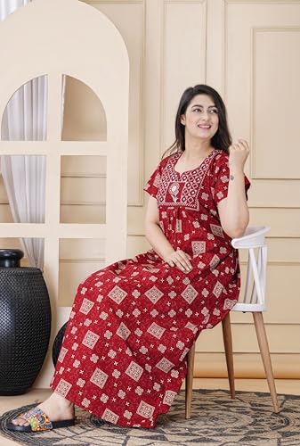 Image of DIAMO Pure Cotton Embroidery Nighty for Women, Night Gown for Woman, Cotton Nighty for Women, Maxi Night Gown Nighty with a Pocket and Adjustable Knot (Free Size)