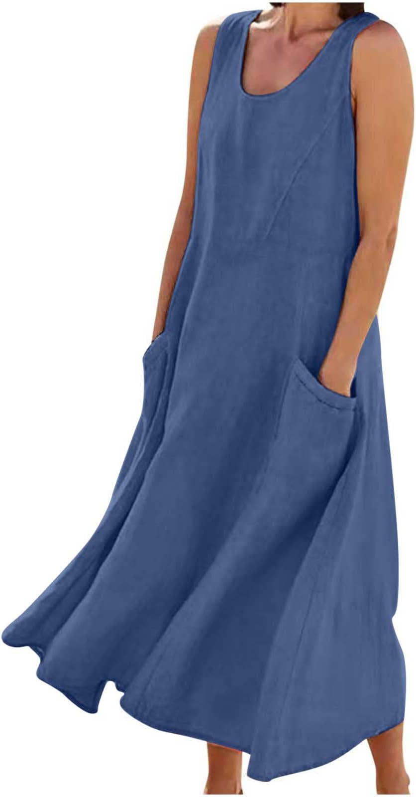 FunAloeSummer Dresses for Women UK Linen Dresses Casual Dresses Summer Dresses Sleeveless Crewneck Dress Women Elegant Plain Cotton Down Long Dress Down Black S