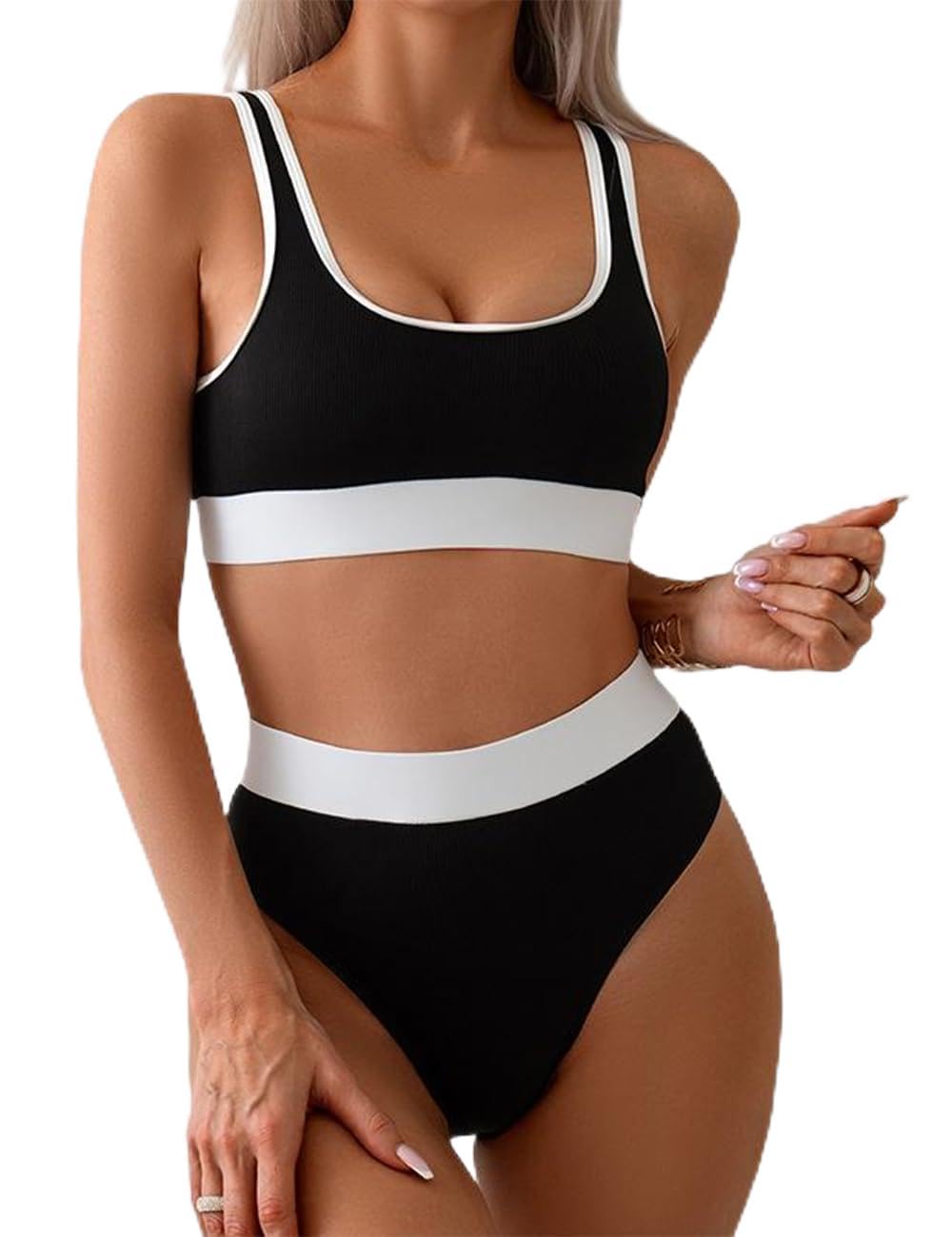 YIMISAN Womens Ribbed High Waisted Bikini Sets Two Piece Sporty Color Block Swimsuits High Cut Cheeky Bathing Suits