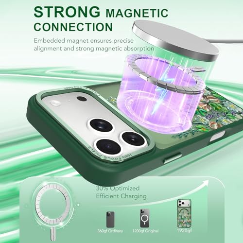 Image of Magnetic for iPhone 17 Pro Max Case for Women Girls, Green Floral | Pretty Oil Painting Flower Pattern Design [Compatible with MagSafe] Shockproof Slim Translucent Matte Non-Slip Cover