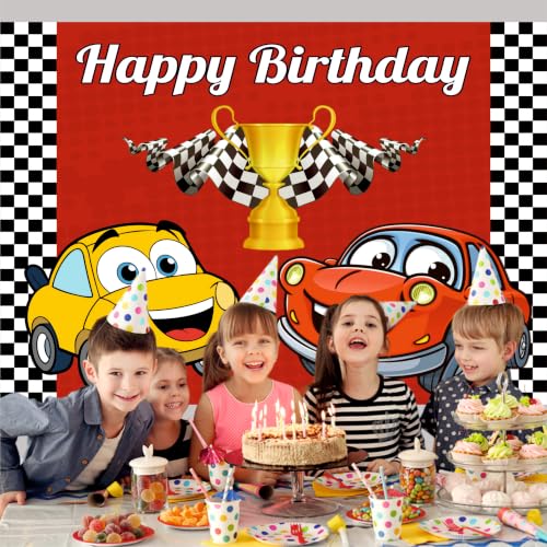 Image of Car Theme Happy Birthday Backdrop 4x3 Ft for Kids Party Decoration, Birthday Banner Background Curtain for Boys & Girls, Cake Table Decor, Photography Background Cloth