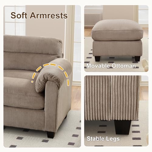 HAOMARKETS Corduroy Sofa Set,Upholstered Loveseat, and 3-Seater Couch with Plush Cushions and Rolled Arms, Modern Living Room Furniture Sets,Brown - Thumbnail 4